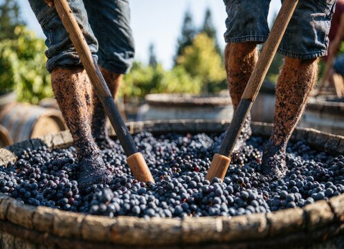 Feet stomp grapes in barrel