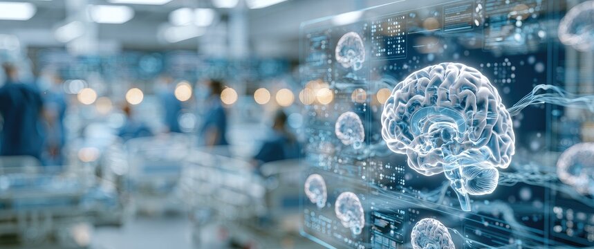 Futuristic holographic brains displayed over a blurred hospital setting