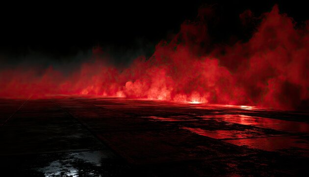 Intense red flames erupt from a dark, wet surface, casting an eerie glow