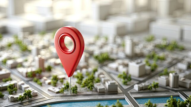 Red map pin on a miniature cityscape with buildings, trees, and river