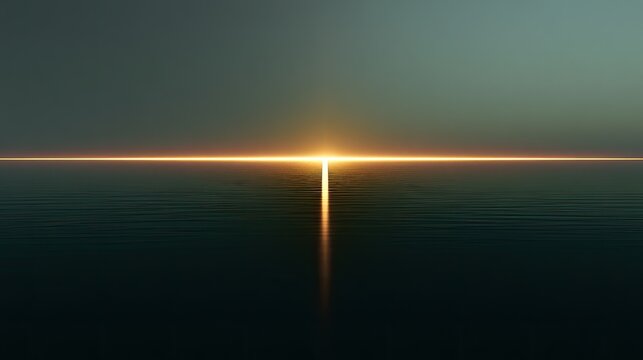 Horizon splits tranquil water with glowing golden light in a serene dawn