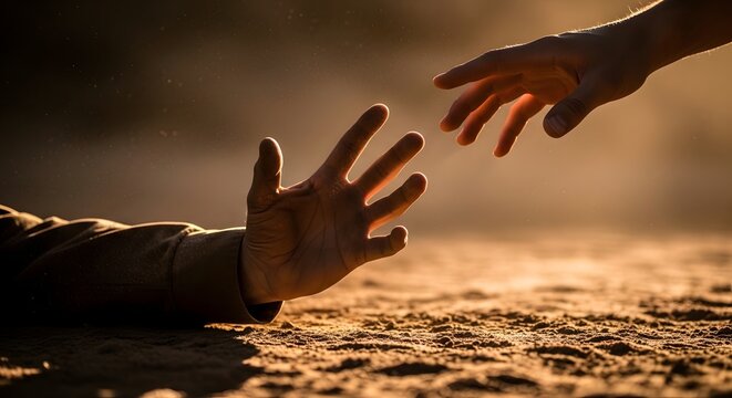Two hands reaching towards each other in the desert at sunset representing hope rescue human connection or support reaching
