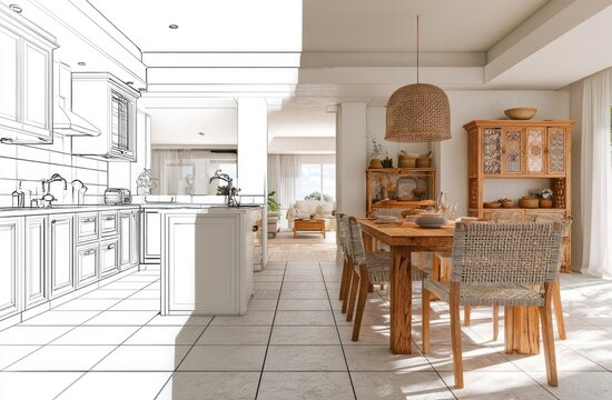 Split image sketch of kitchen transforms into finished dining area