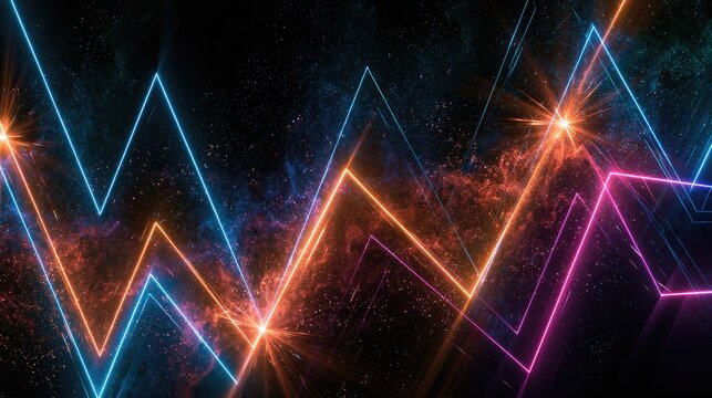 Jagged neon lines in blue, orange, and pink against a dark, sparkly background