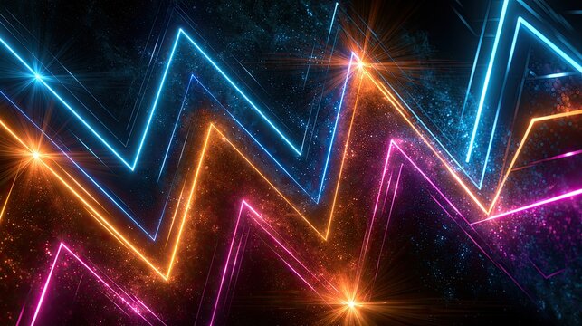 Jagged neon lines, electric blue, orange, pink, glow, dark abstract background