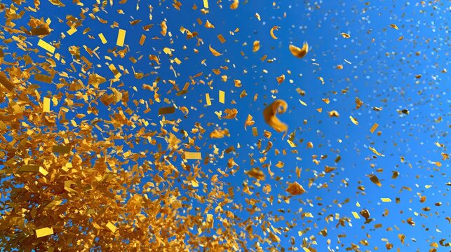 Bright yellow confetti and pasta fragments shower against a clear blue sky