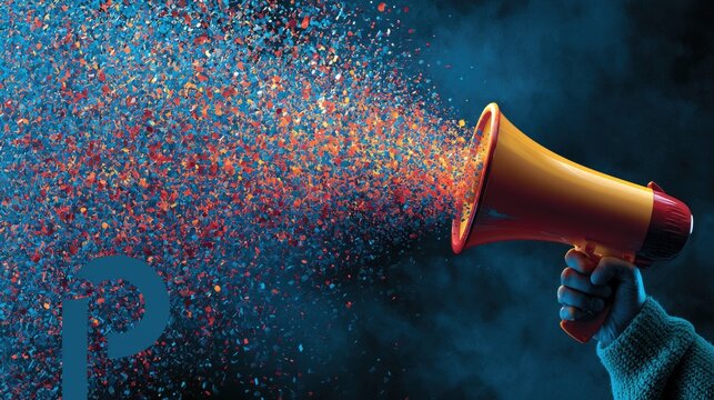 Yellow megaphone emitting vibrant confetti into a smoky, dark atmosphere