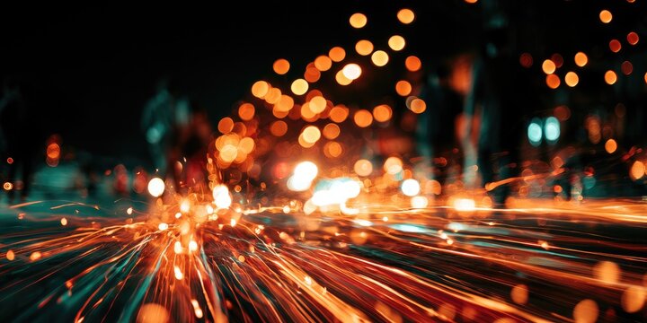 Motion blur of glowing orange sparks and bokeh lights on a dark background