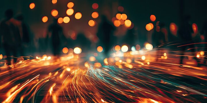 Streaks of light and blurred figures evoke a sense of motion in a night scene