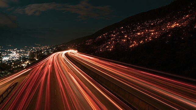 Streaks of red light from cars illuminate a highway at night