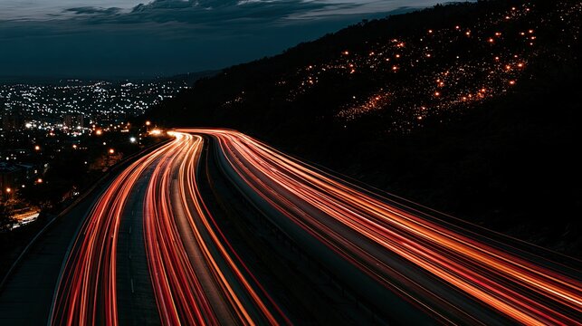 Streaks of red and white light trace a highway curving through a dark, hilly landscape