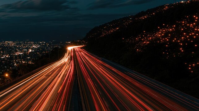 Streaks of light on a highway at night, with city lights and hills