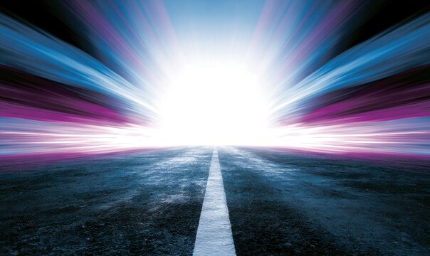 A bright light at the end of a dark road, with streaks of color