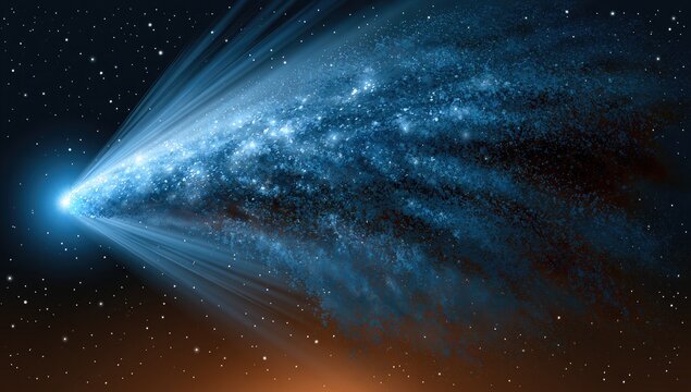 Brilliant blue comet trails through starry, dark expanse, casting luminous light
