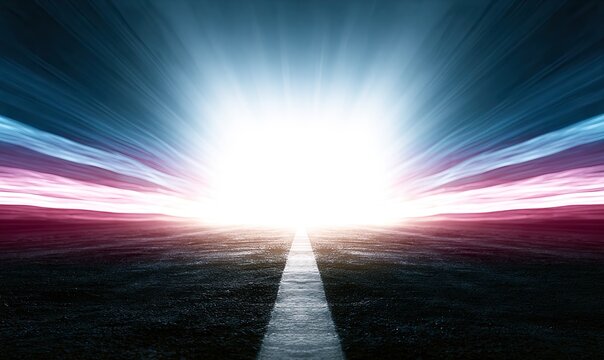 Radiant tunnel of light with a stark road leading into ethereal glow
