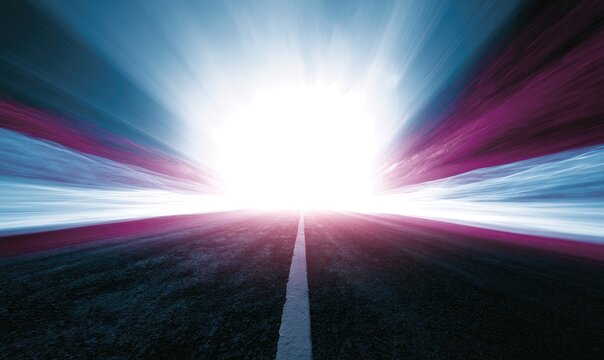 A bright light bursts at the end of a vanishing road