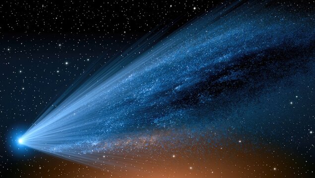 Bright blue tail trails across a starfield, illuminating cosmic dust