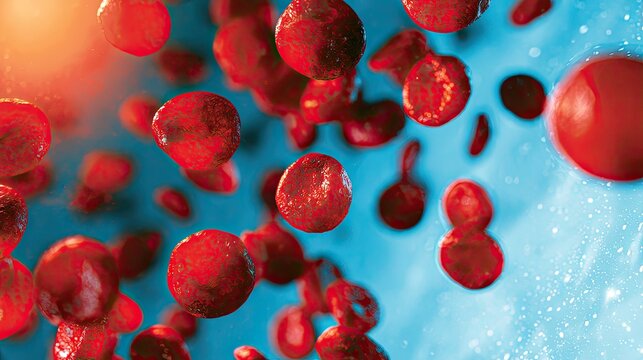 Macro view of bright red, rounded cells floating in a blurry blue liquid