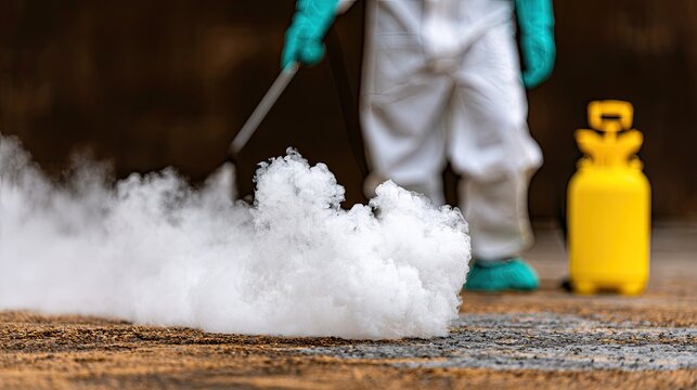 Person in hazmat suit spraying fog from a backpack sprayer