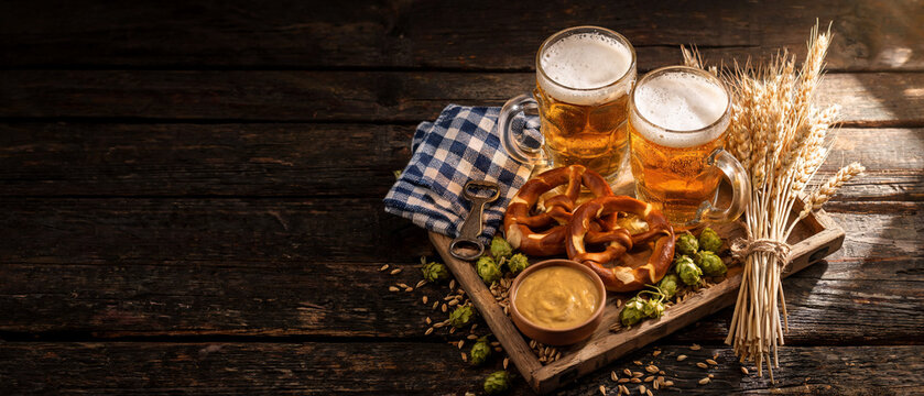 Bavarian beer and pretzels on wooden tray with hops and wheat, banner background copy space
