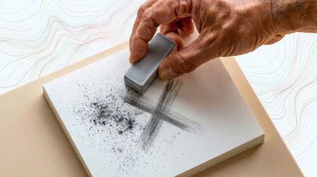 Hand erasing a dark "X" from white paper, leaving dust behind