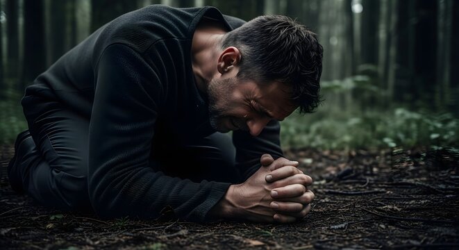 Man kneeling alone on the forest floor in prayer with head bowed and hands clasped, searching for solace in a peaceful nature setting