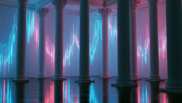 Rows of classical columns frame a glowing chart of fluctuating digital data