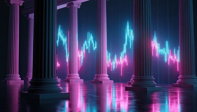 Ancient columns frame a glowing neon stock market graph
