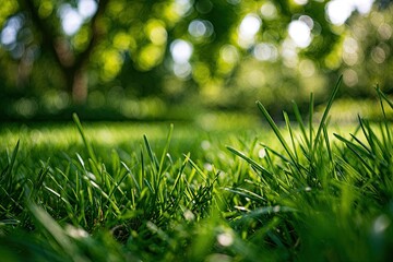 Naklejka premium Lush green grass in soft sunlight, dappled shadows under trees