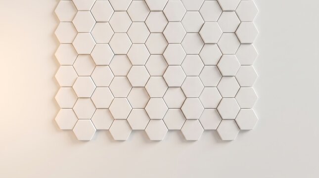 Minimalist white hexagon pattern background with warm orange light glow on the side