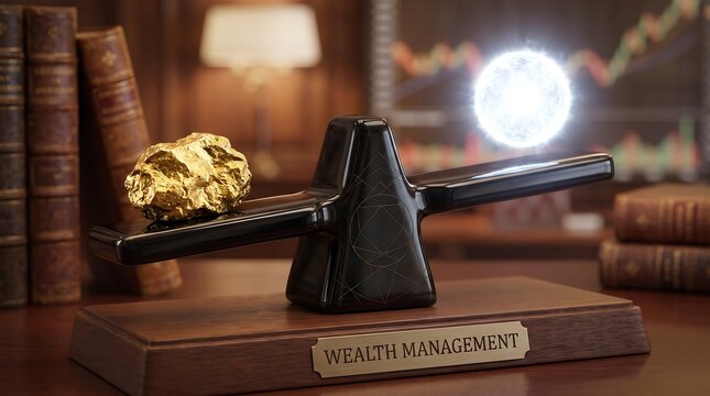 Wealth management scale balancing a gold nugget against a glowing digital sphere representing financial assets