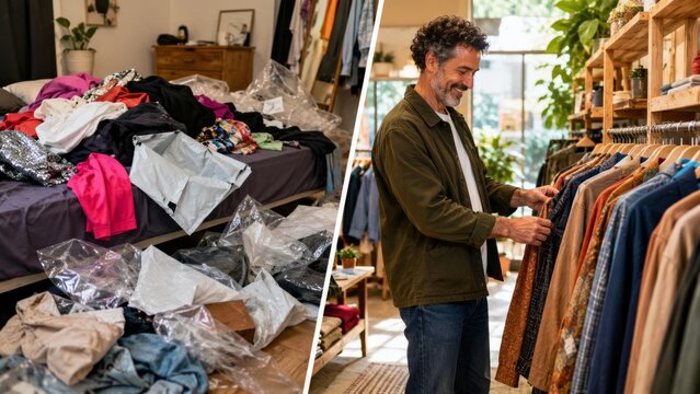 Trendy clothes and careful thrift shopping in a sunny boutique