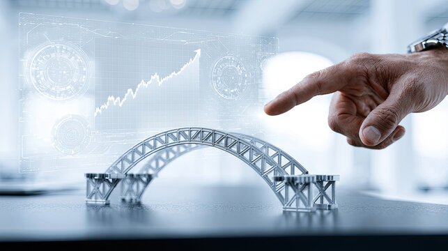 Hand pointing at futuristic bridge model with holographic data display