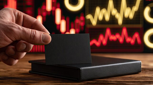 Hand holds blank black card over dark notebook against financial charts