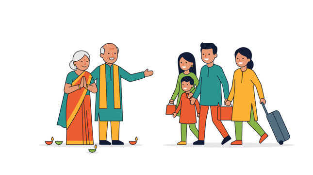 Indian Family Reunion Welcoming Guests with Traditional Greetings and Diyas for Festival Celebration
