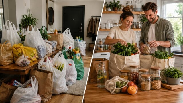 Disposable shopping bags and reusable grocery routine with a couple
