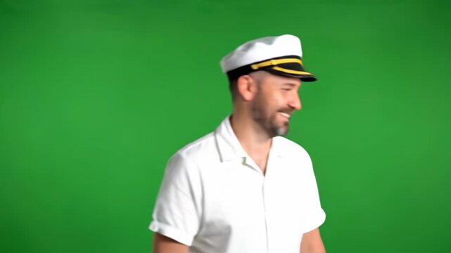 Green Screen Smiling Caucasian Man in White Captain Hat and Shirt Posing Against Chroma Key Studio Backdrop