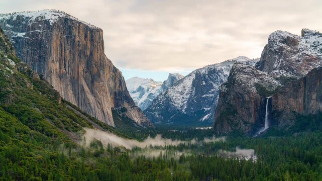 Tunnel View Winter Panorama of Yosemite Valley with El Capitan, Half Dome and Bridalveil Fall