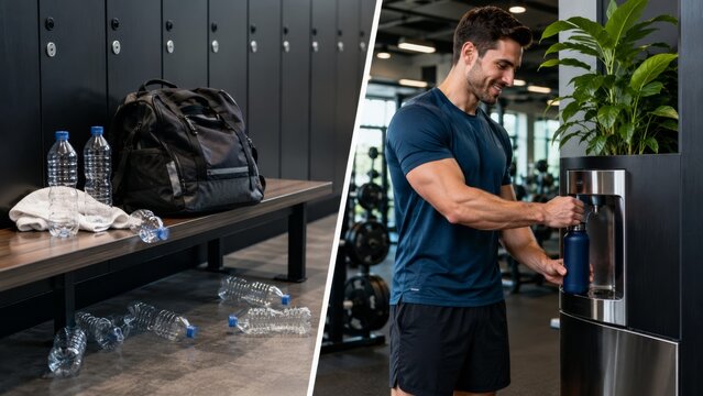 Gym locker bottles and refillable bottle at fitness water station