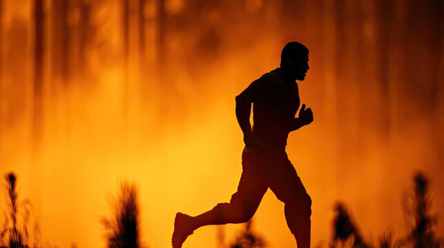 Silhouette of a man running through intense, fiery orange and yellow smoke