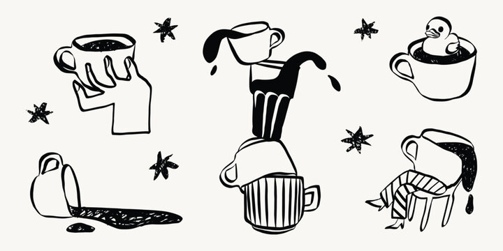Quirky cafe doodles featuring coffee cups, latte and espresso. Hand-sketched breakfast beverage icons in retro style perfect for menu design projects. Grunge textured Vector Illustration