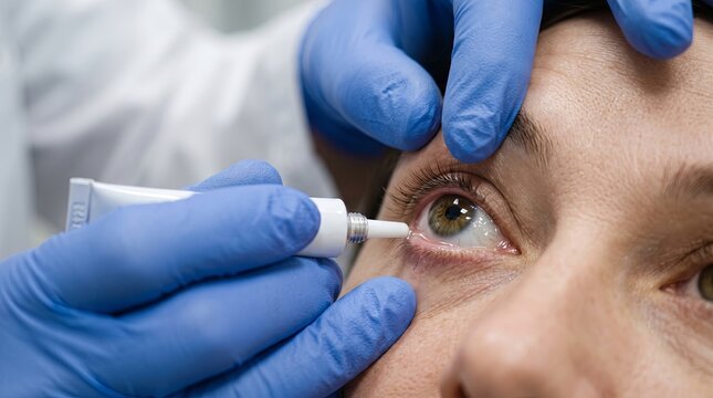 Closeup of eye receiving medicated drops from gloved hands in clinical care