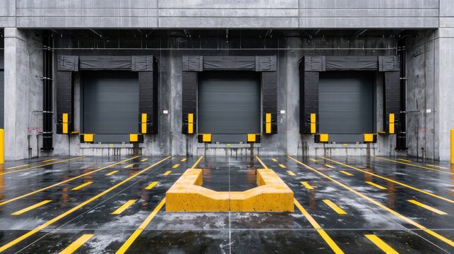 Industrial loading bay with three closed doors and wet ground