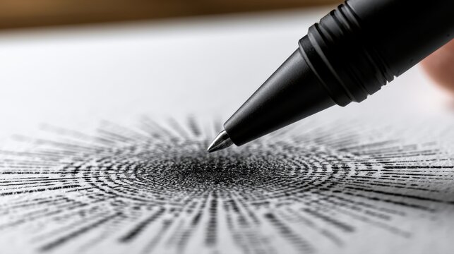 Detailed image of a ballpoint pen tip poised over intricate black ink pattern printed on white paper symbolizing precision and creativity in drawing or writing tasks