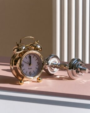 Alarm clock shows 6am beside a dumbbell on a surface, highlighting fitness resolutions in the soft morning light of a studio setup