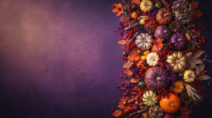 Fototapeta premium Festive thanksgiving background with pumpkins autumn leaves and grains for holiday celebrations
