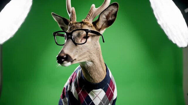 Green Screen Fashion Portrait of Sophisticated Deer Wearing Argyle Sweater and Glasses