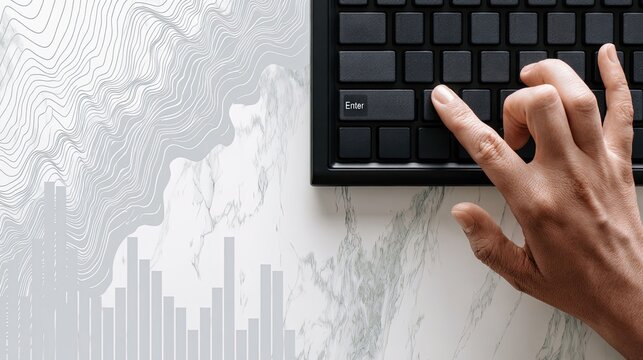 Hand pressing enter key on keyboard, with abstract data visuals