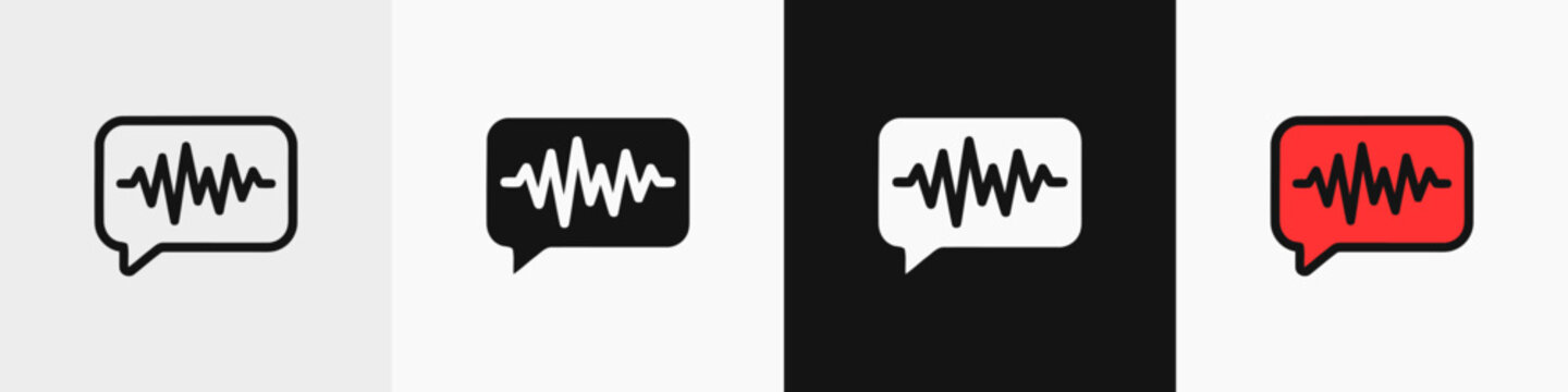 Speech bubble icons with sound wave visualization, available in outline, solid black, white, and red styles, representing audio messages and voice communication, perfect for modern tech interfaces.