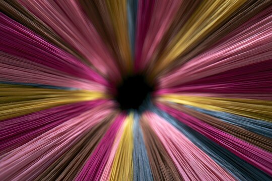Colorful fabric strips radiate outward from a dark central void